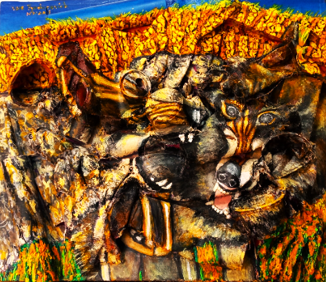 3D Portrait Painting of 2 Wolves Fighting in a Wheat Field. Acrylic on Recycled Found Objects. [Recycled Art]. Front view