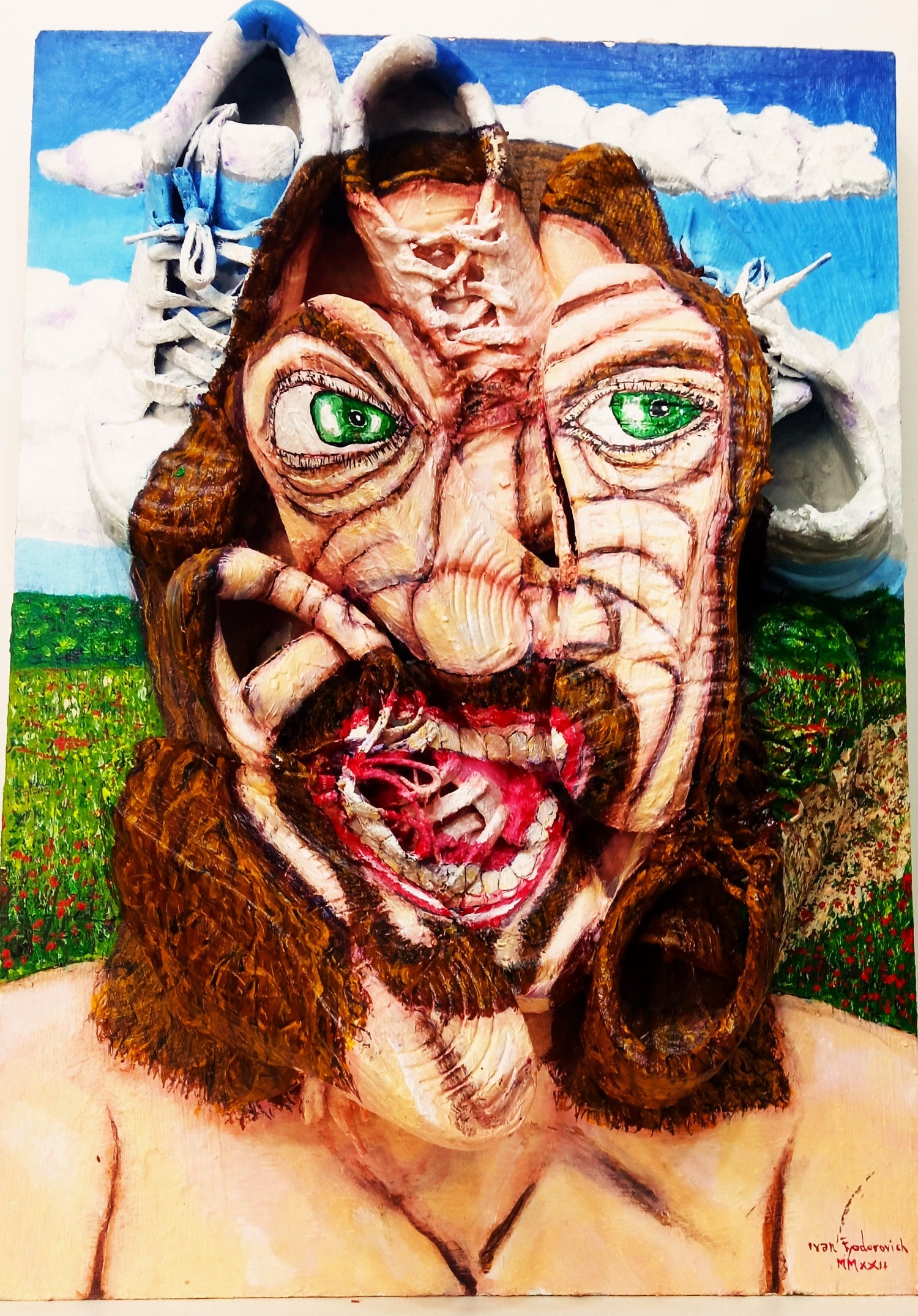 Ivan Fyodorovich. self-portrait of the Artist as a mad man. Acrylic on recycled old shoes