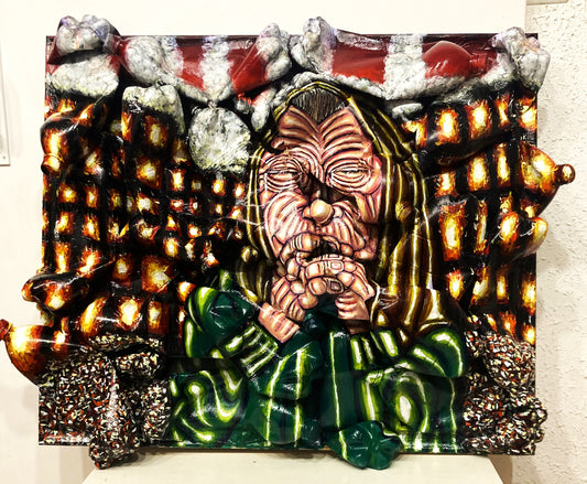 3d Portrait of an Ukrainian Old Woman in front of a Burning City. Acrylic on Cardboard and Recycled Plastic Bottles [Recycled Art]. Ivan Fyodorovich. front view