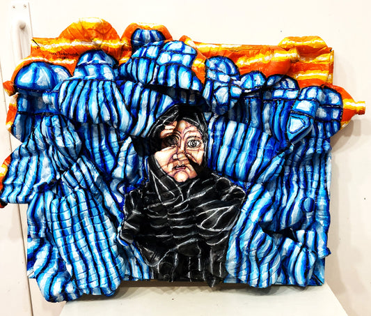  3d Portrait of Afghan Women wearing Burkas and a girl  Wearing the Niqab. Acrylic on Cardboard and Recycled Plastic Bottles [Recycled Art]. Ivan Fyodorovich. Front view