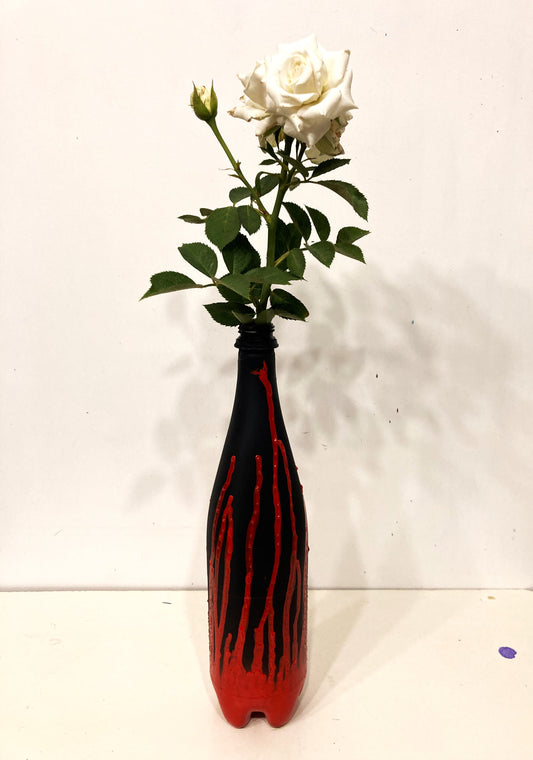 Recycled plastic bottle vase , Acrylic Painted  Black and Red Vase for dried flowers.. front view