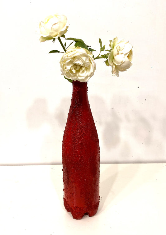 Recycled plastic bottle vase , Acrylic Painted , Sand sprinkled Red Vase for dried flowers. [Recycled Art]. Front view
