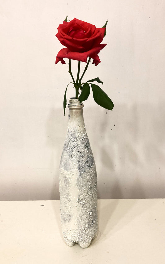  Recycled plastic bottle vase , Acrylic Painted , Sand sprinkled White Vase for dried flowers. [Recycled Art]. Front view