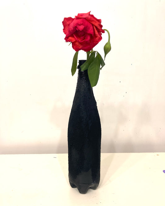 Recycled plastic bottle vase , Acrylic Painted , Sand sprinkled Black Vase for dried flowers. [Recycled Art]. Front side