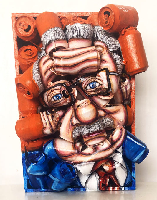  3D Portrait of Chilean Presidemt Salvador Allende. Acrylic Painting  on Recycled Beer Cans [Recycled Art]. Ivan FyodorovichFront view