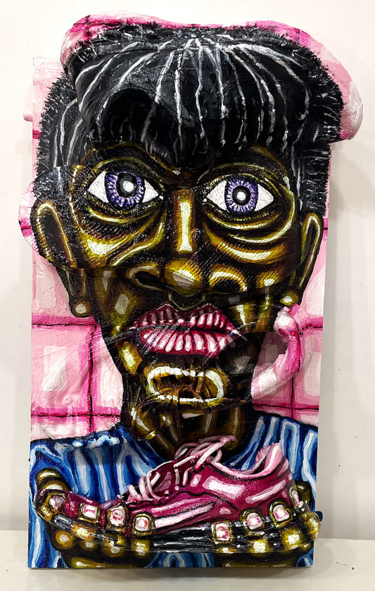 3D Portrait of an Indonesian Boy Making Runners. Acrylic Painting on Recycled Runner Shoes [Recycled Art].  Ivan Fyodorovich. front view