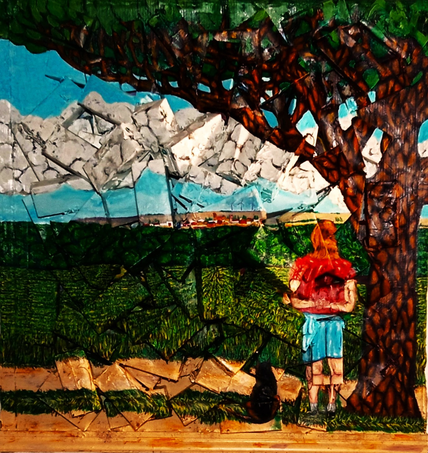 3D Self-portrait with Enzo and La Zarza in the distance. Ivan Fyodorovich. Acrylic on Recycled Tetra briks