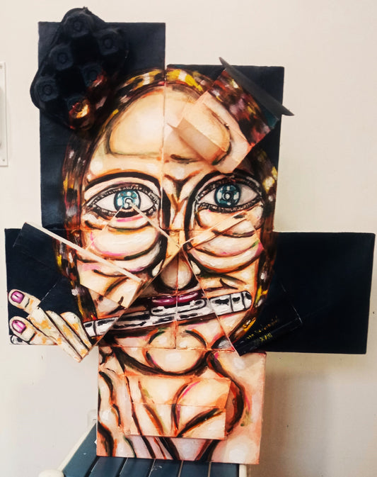 3D Portrait of a Naked Woman Playing the Flute. Acrylic on Recycled Cardboard boxes (Music Art) [Recycled Art]. Ivan Fyodorovich. Front view