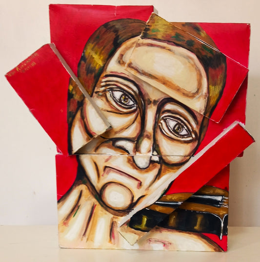3D Portrait of a Naked Man Playing the Violin. Acrylic on Recycled Cardboard boxes (Music Art) [Recycled Art]. Ivan Fyodorovich. Front view