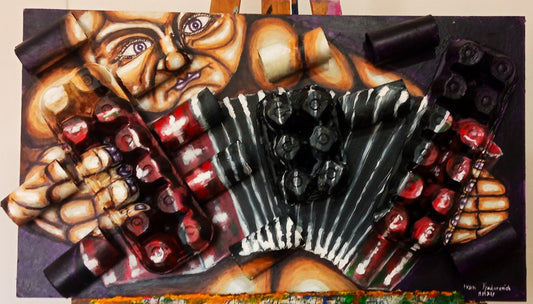 3D art portrait of naked accordionist. Acrylic paint on wood, recycled cardboard tubes and recycled egg cartons."Music painting" [Recycled Art]. Front View