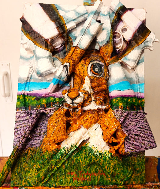 [The Hare Prevails], 3D portrait of a Hare in nature. Acrylic on woodboard and toy guns and pistols (Recycled Art). Front View