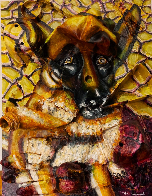 3D Portrait of my dog Eli. Acrylic painitng on recycled and found objects. [Recycled Art]. Front View