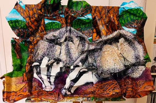 3D Portrait of 2 Badgers Drinking. Acrylic on Recycled Cardboard Boxes. (Wildlife Painting) [Recylcled Art]. Front View