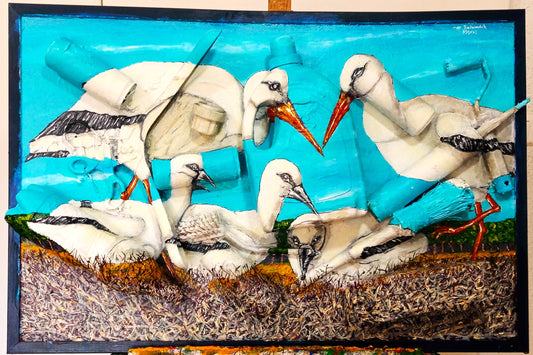 3D Painting of a Stork Family . Acrylic on woodboard and Recycled Found Objects. [Recycled Art]. Front View