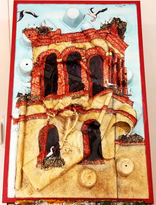 3D Painting of the La Zarza Church tower . Acrylic on Recycled Found Objects [Recycled Art]. Front view