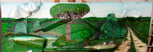3D Landscape Painting. Path to the River. Acrylic on Recycled Plastic Bottles. (Recycled Art). Front view