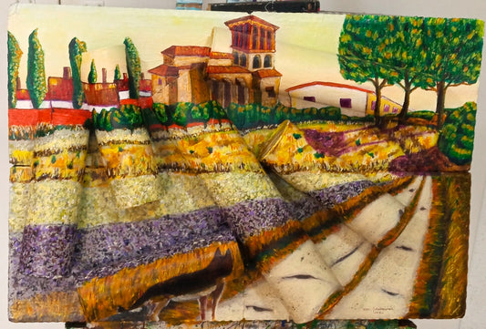 3D landscape of La Zarza from the river path. Acrylic painting on recycled cardboard boxes and cardboard tubes [Recycled Art]. Front View