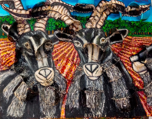 3D portrait of three male goats in a field with a pinetree forest in the background. Acrylic paint on woodboard and recycled plastic rice containers.[Recycled Art]. Front Vuew