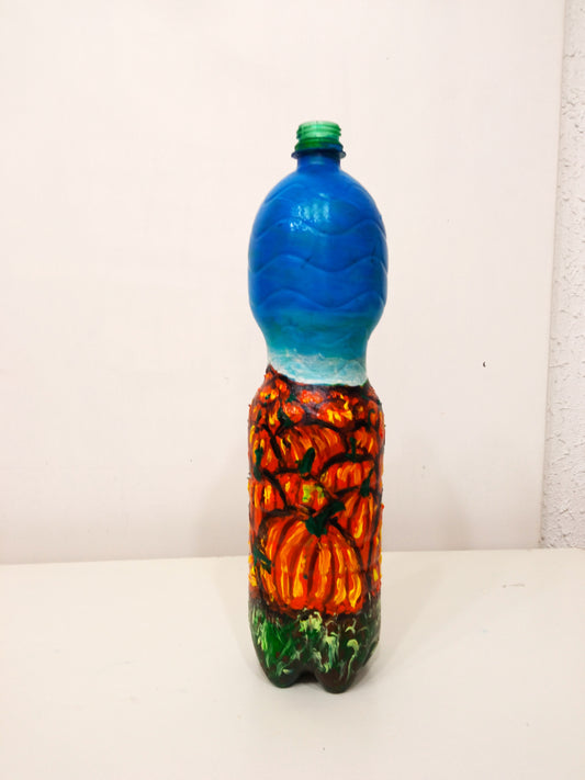 Recycled plastic bottle vase , Acrylic Painted Orange Pumpkin Field Vase for dried flowers.1