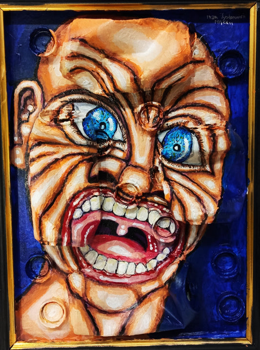 3d art portrait of a naked angry man. Acrylic on recycled woodboard and recycled beer cans and bottle tops. Front View