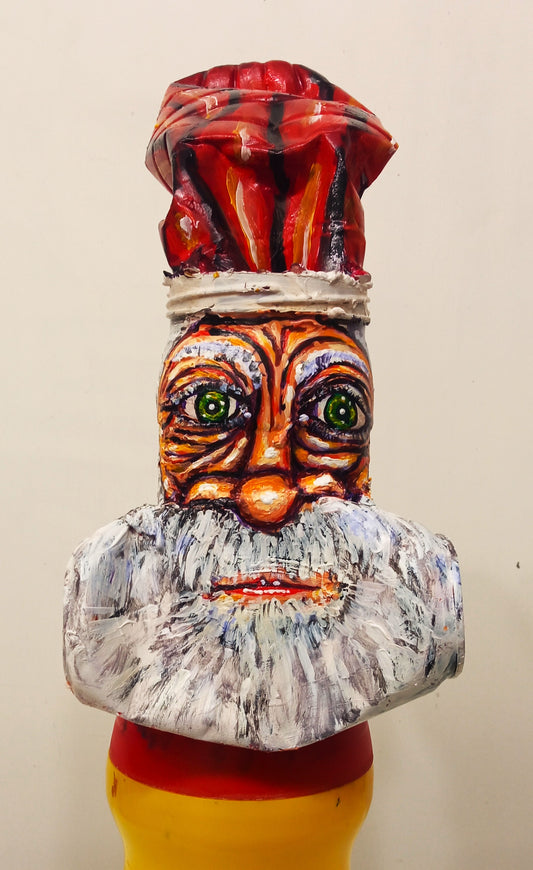 Santa Claus Figurine Created out of Recycled Plastic Coffee Jar . [Recycled Art]. Ivan Fyodorovich. Front view