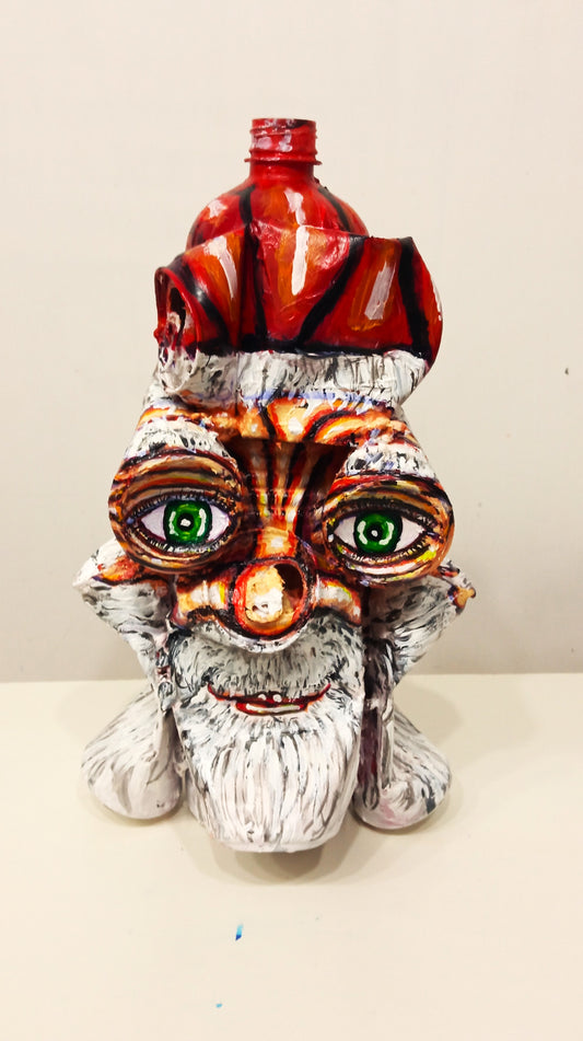 Smilely Santa Claus Christmas Figurine Created out of  Recycled  Plastic Bottles and Soda Cans . [Recycled Art]. Ivan Fyodorovich. Front view