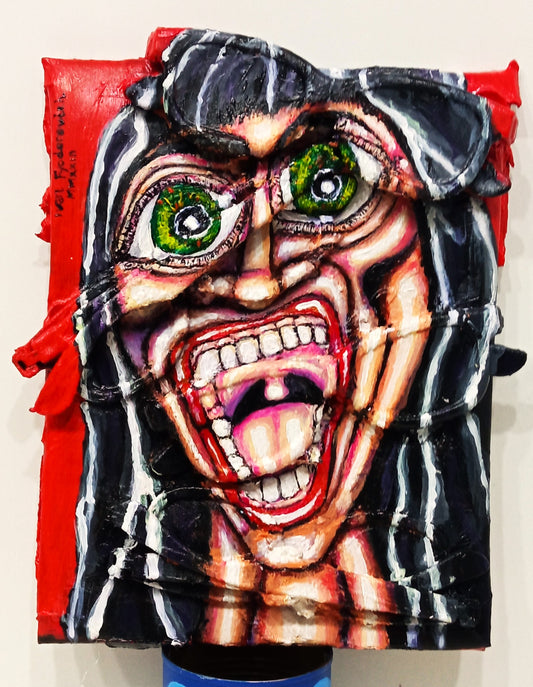 3D art streetart style painting portrait of a screaming woman. Acrylic on recycled cardboard and four pairs of recycled 3D cinema glasses. [Recycled Art]. Front View