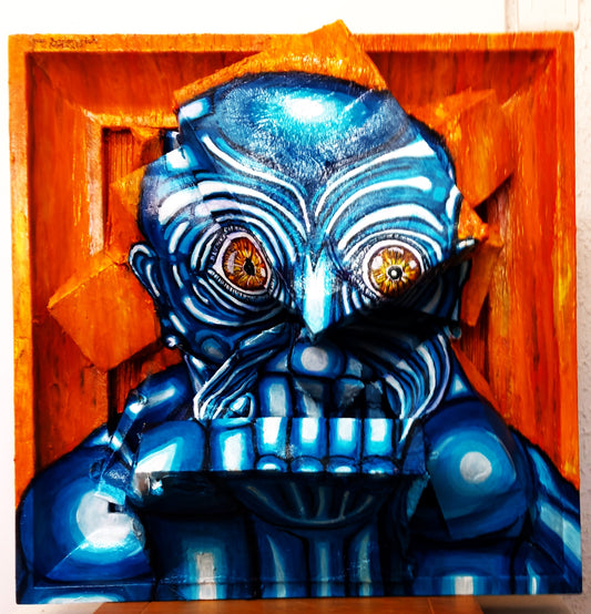 3D Portrait of a Lonely Blue Man. Acrylic on Woodboard and Recycled Cardboard Boxes. (Mental Health Issues Art) [Recycled Art]. Front view