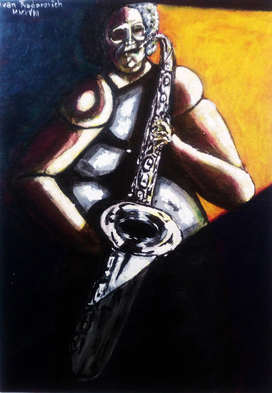 Portrait of a black woman playing the tenor saxophone. (Print from Acrylic Original) [ 30 x 24 cm]