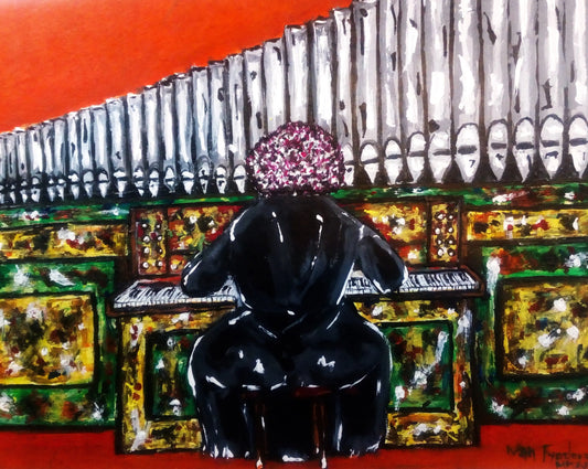 Portrait of a woman playing a pipe organ. (Print from Acrylic Original) [30 x 24 cm]
