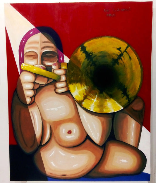 Music Poster. Naked Female Trombone Player portrait (Print from Acrylic Painting). Ivan Fyodorovich