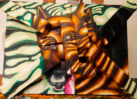 3D Portrait of my Dog Enzo in the river. Acrylic on recycled cardboard boxes [Recycled Art]. Front View