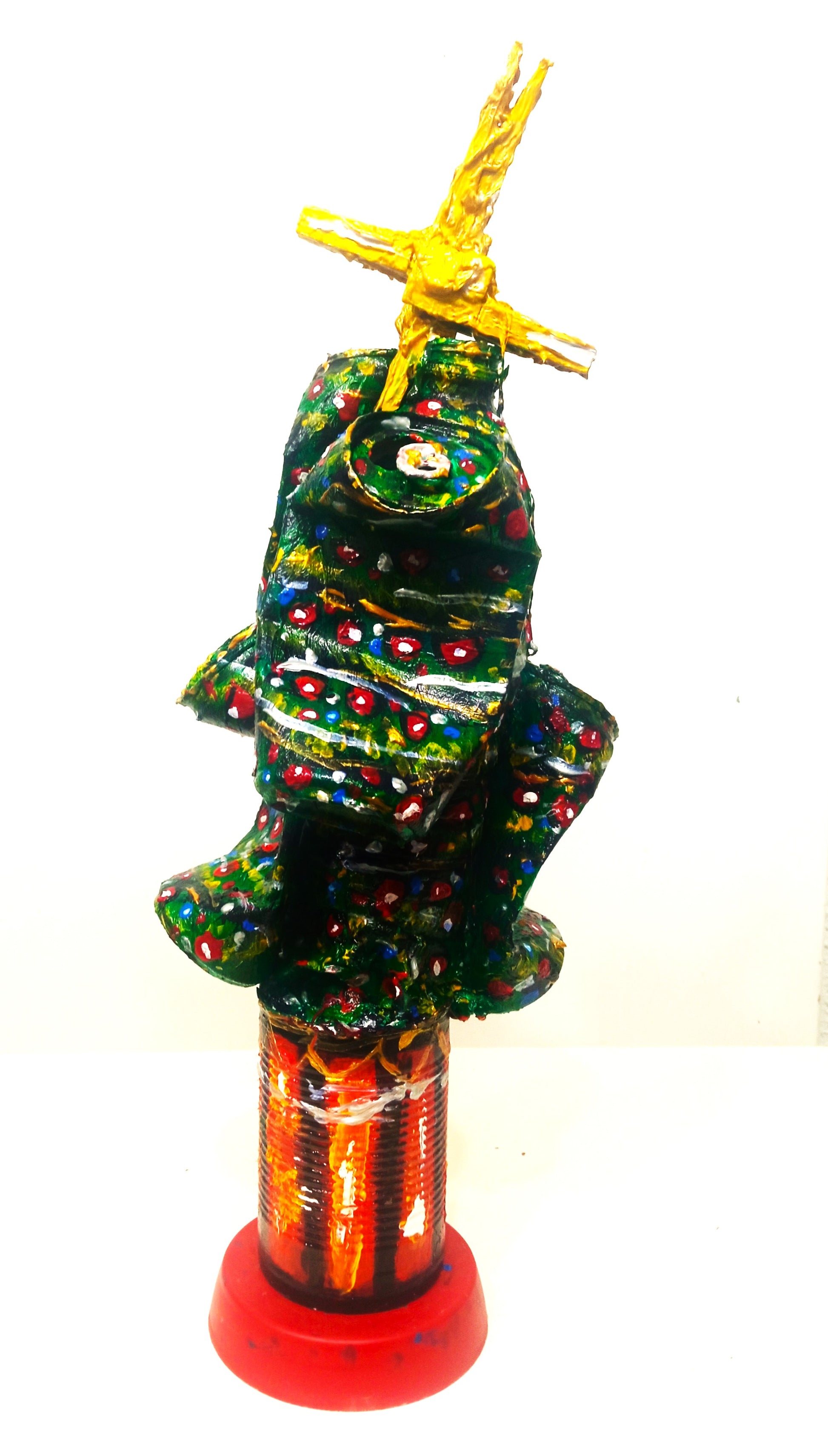 Christmas Tree Figurine Created out of Recycled Plastic Bottle and Recycled Soda Cans. [Recycled Art] Ivan Fyodorovich. Front view