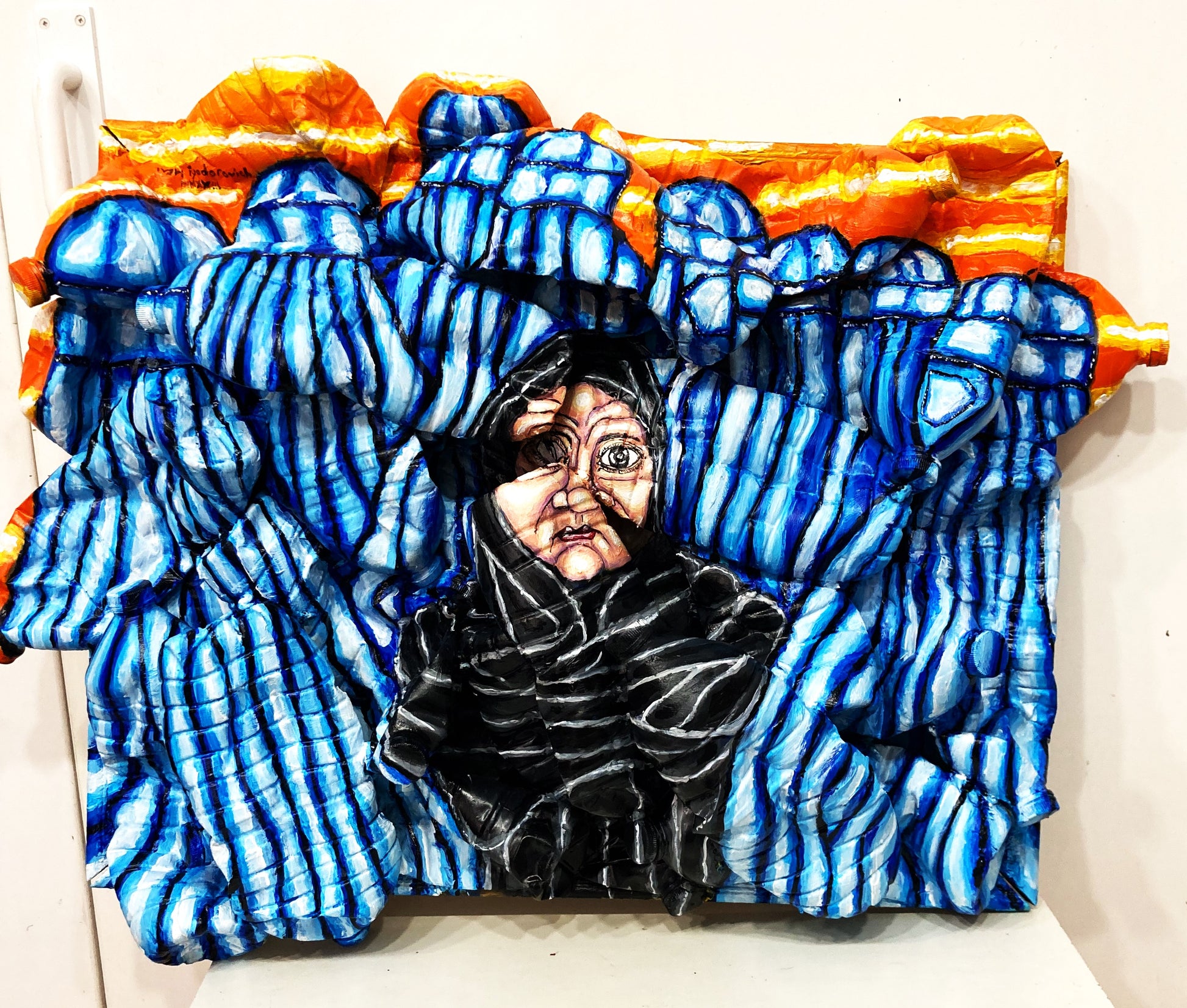  3d Portrait of Afghan Women wearing Burkas and a girl  Wearing the Niqab. Acrylic on Cardboard and Recycled Plastic Bottles [Recycled Art]. Ivan Fyodorovich. Front view