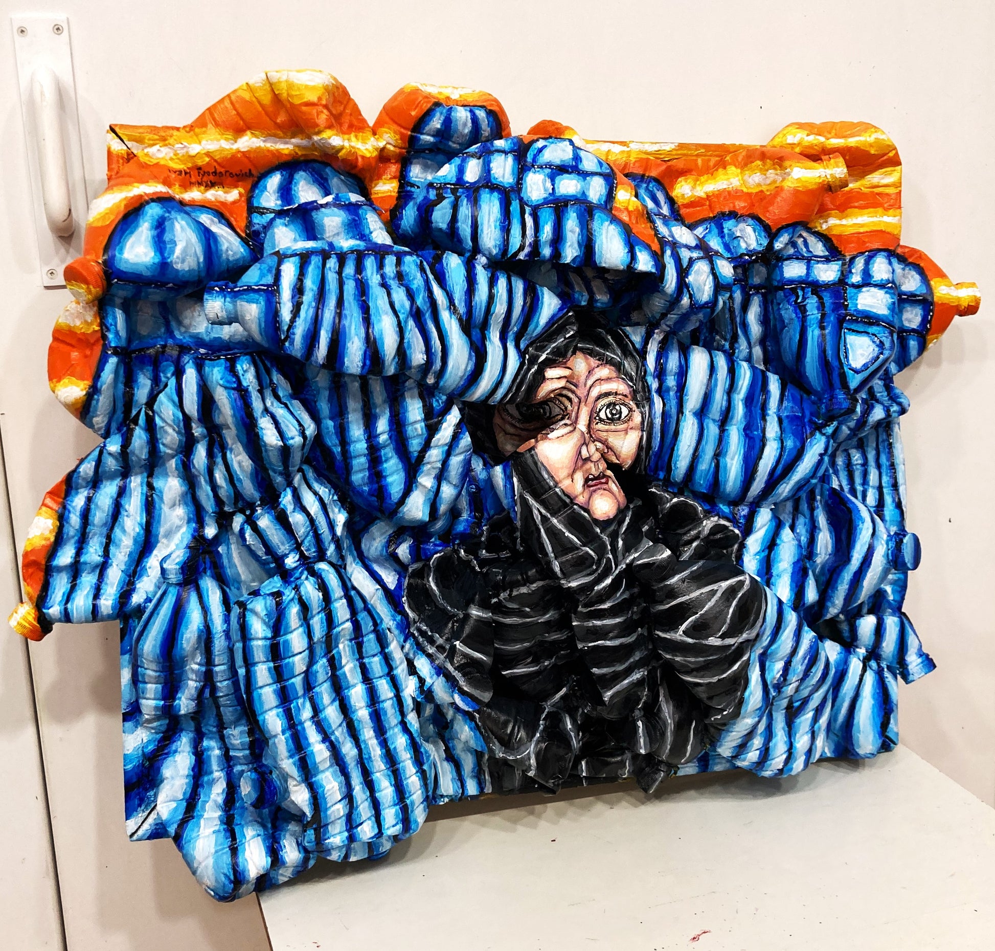  3d Portrait of Afghan Women wearing Burkas and a girl  Wearing the Niqab. Acrylic on Cardboard and Recycled Plastic Bottles [Recycled Art]. Ivan Fyodorovich. Medium left lateral view