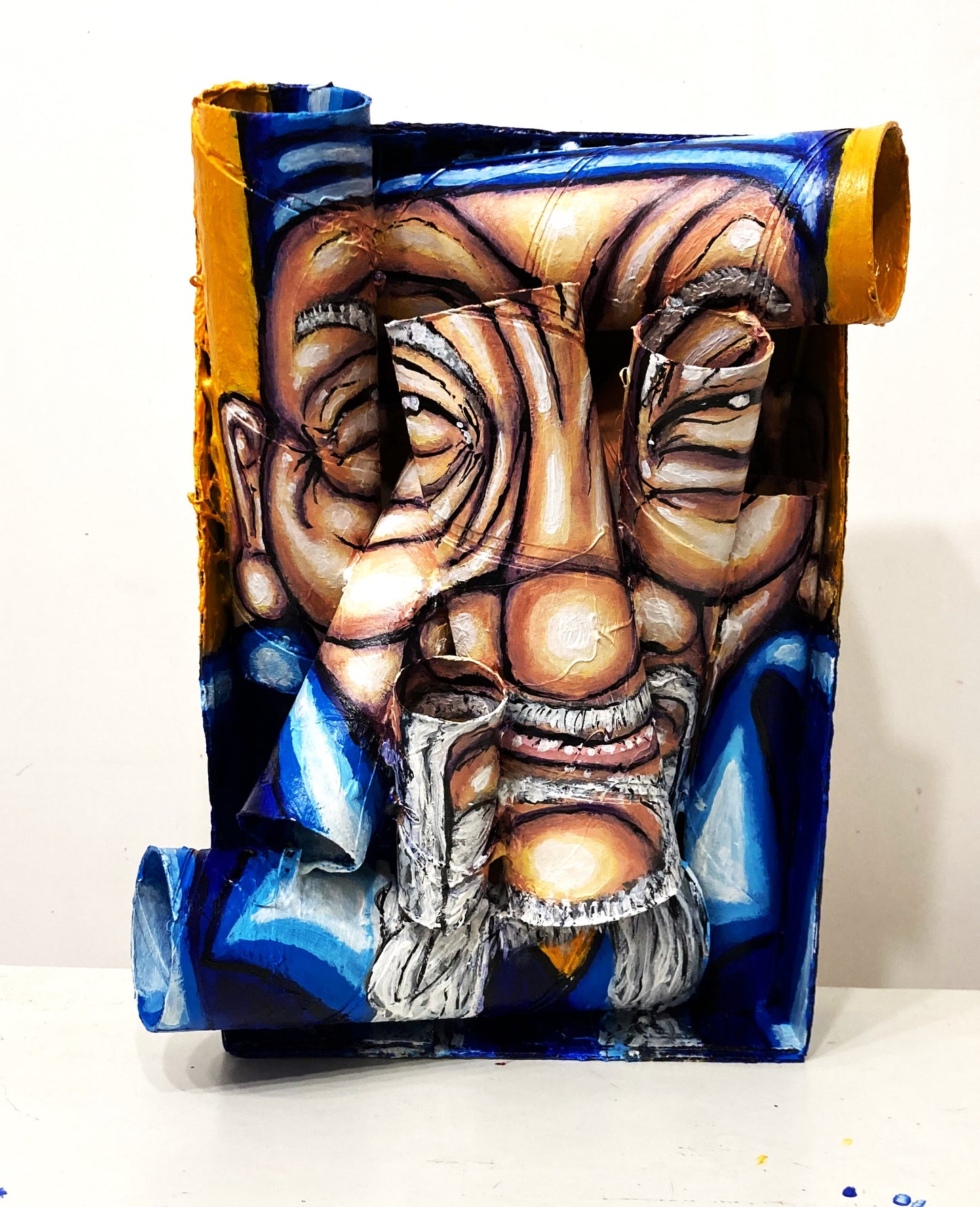 Portrait of an Old Uigur Man. Acrylic on Recycled Cardboard Tubes. Wall Decoration. Front View