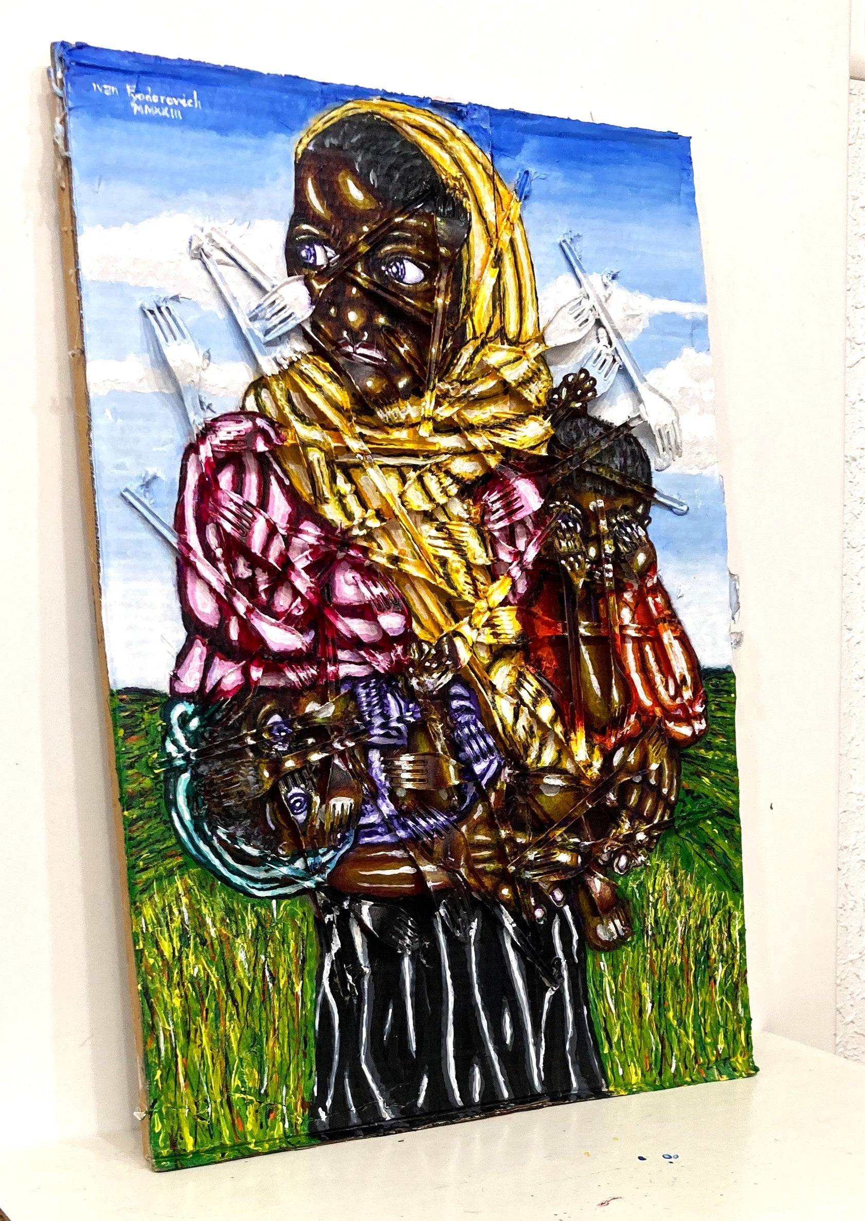 3d Portrait of a Rohingya woman with two children. Acrylic on Cardboard and Recycled Plastic Forks. [Recycled Art]. Medium Left Lateral View