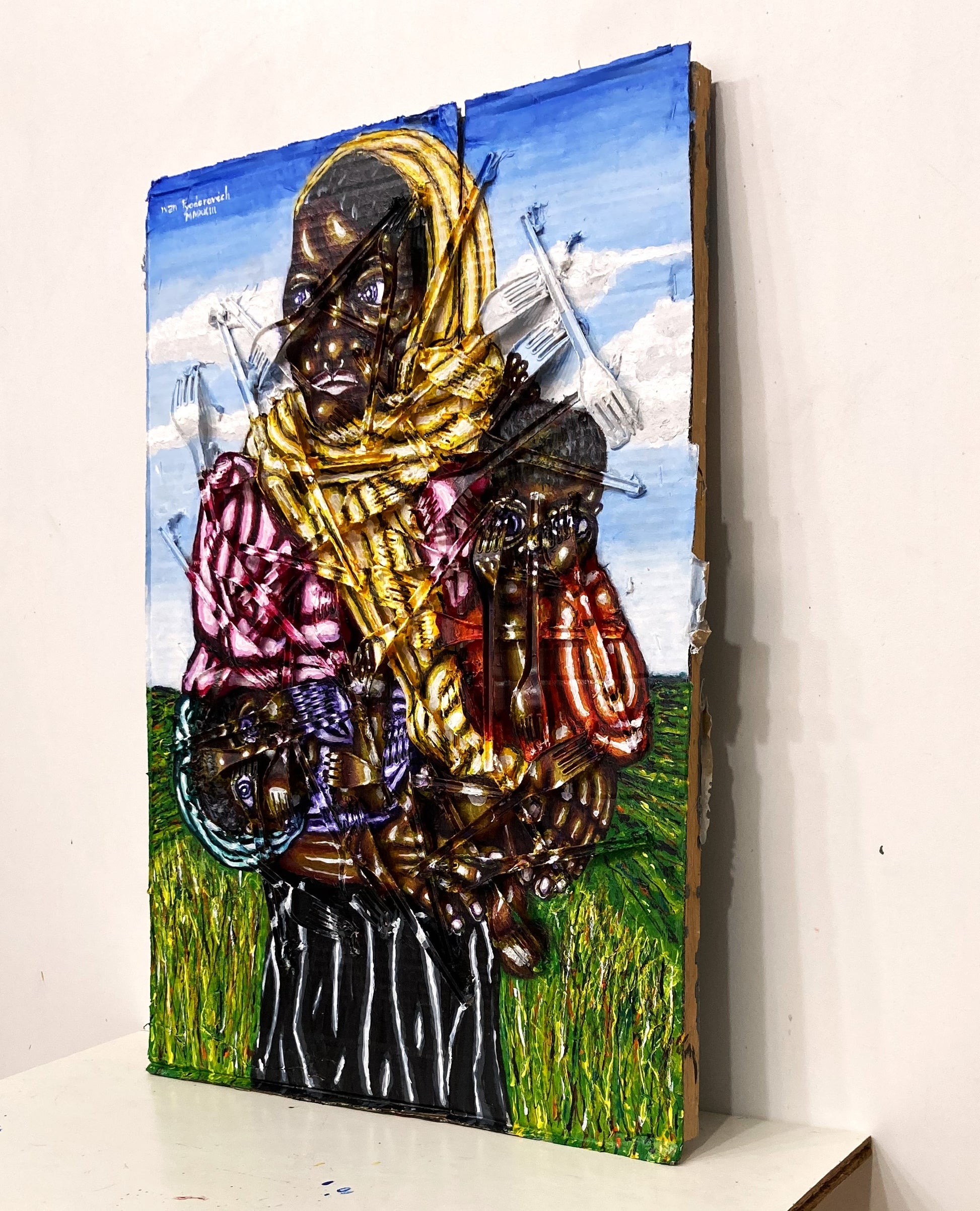 3d Portrait of a Rohingya woman with two children. Acrylic on Cardboard and Recycled Plastic Forks. [Recycled Art]. Medium Right Lateral view