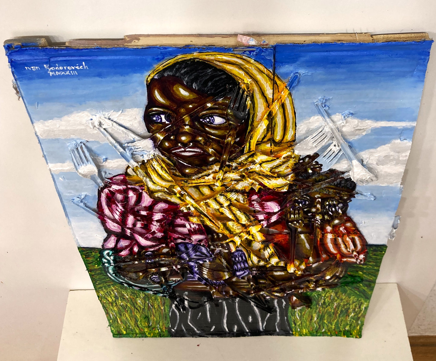 3d Portrait of a Rohingya woman with two children. Acrylic on Cardboard and Recycled Plastic Forks. [Recycled Art]. Cenital view