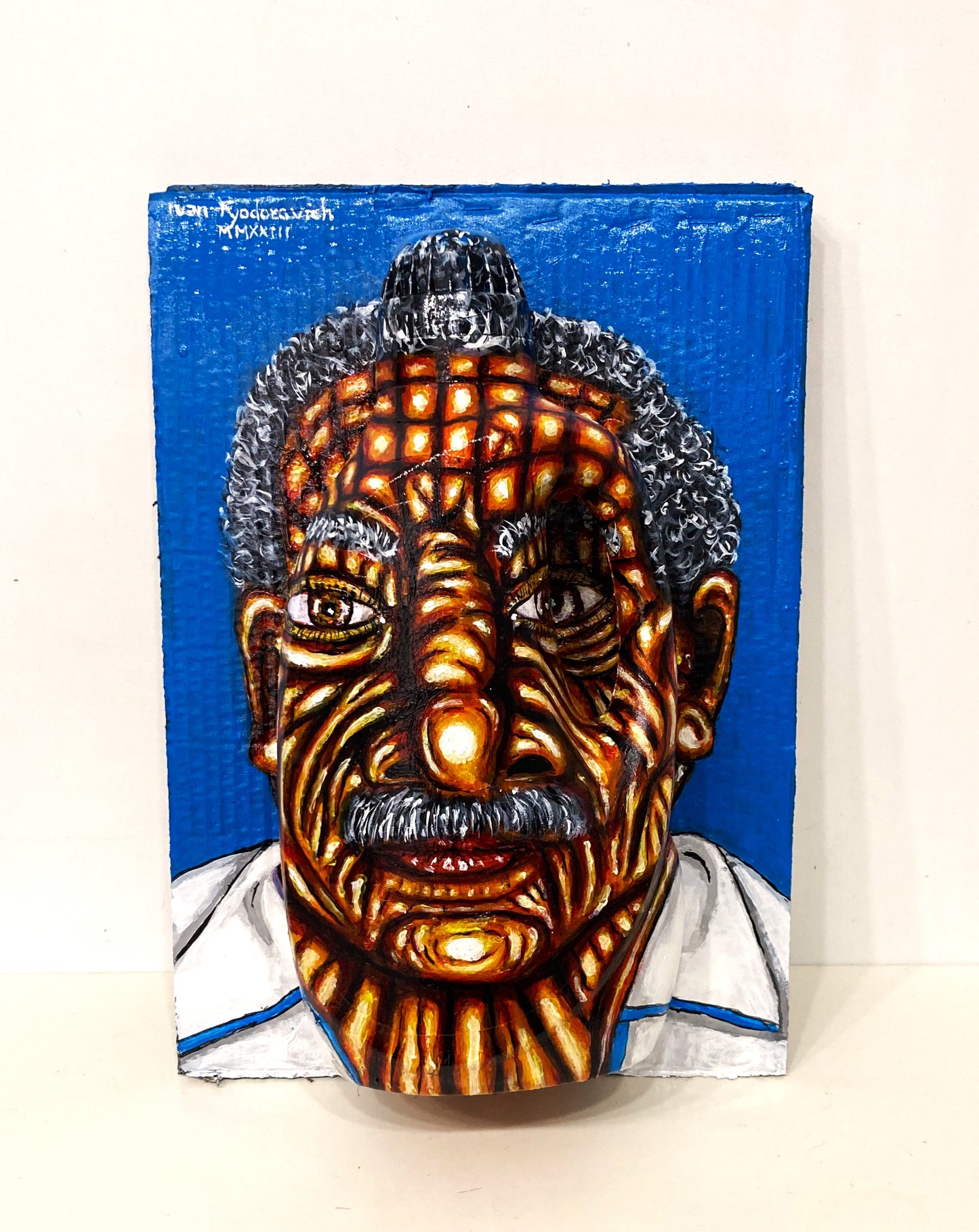 3D Portrait of an Old Man from Costa Rica. Acrylic Painting on Cardboard and Recycled Washing Liquid Plastic Bottle. front view