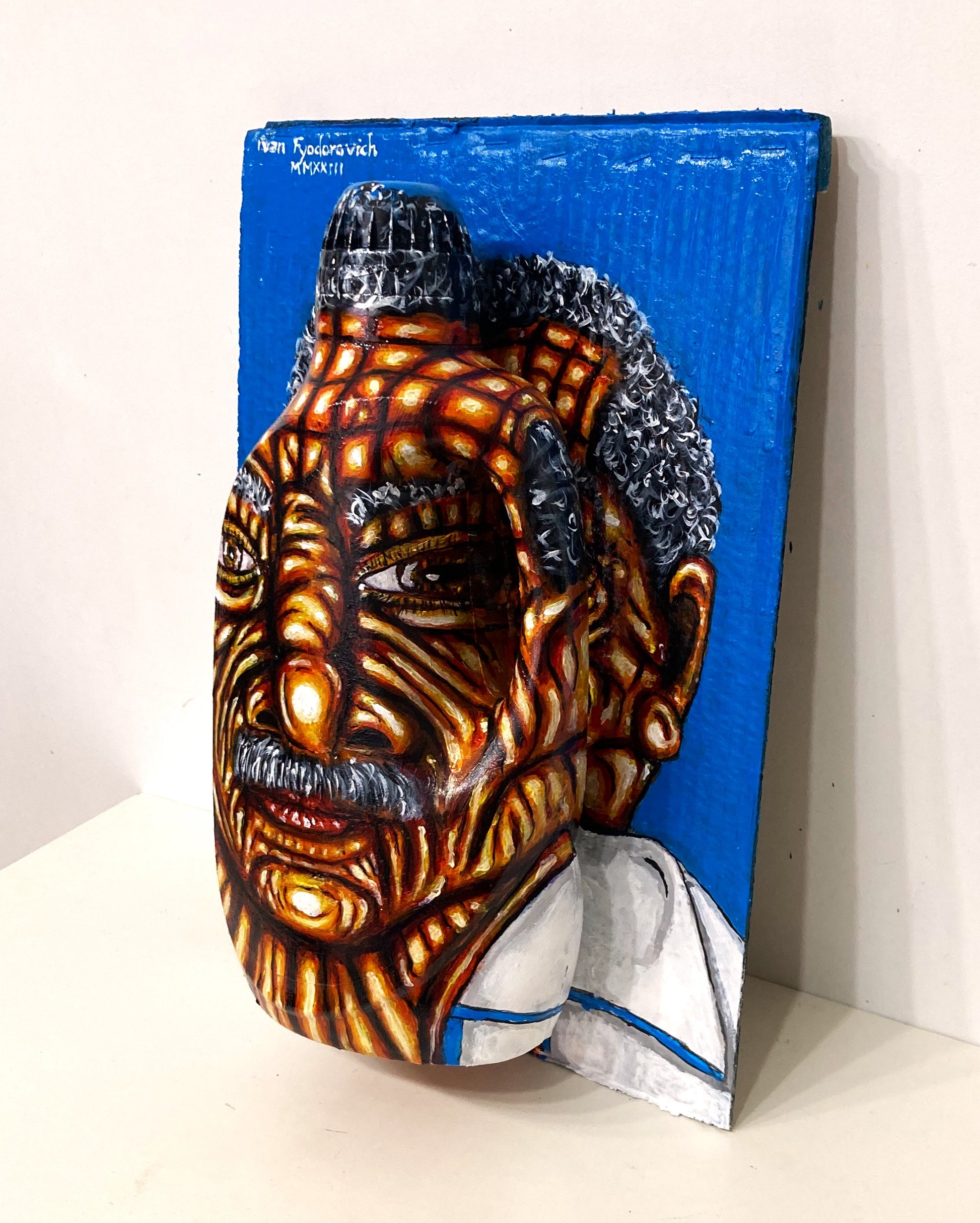 3D Portrait of an Old Man from Costa Rica. Acrylic Painting on Cardboard and Recycled Washing Liquid Plastic Bottle. Medium lateral left view