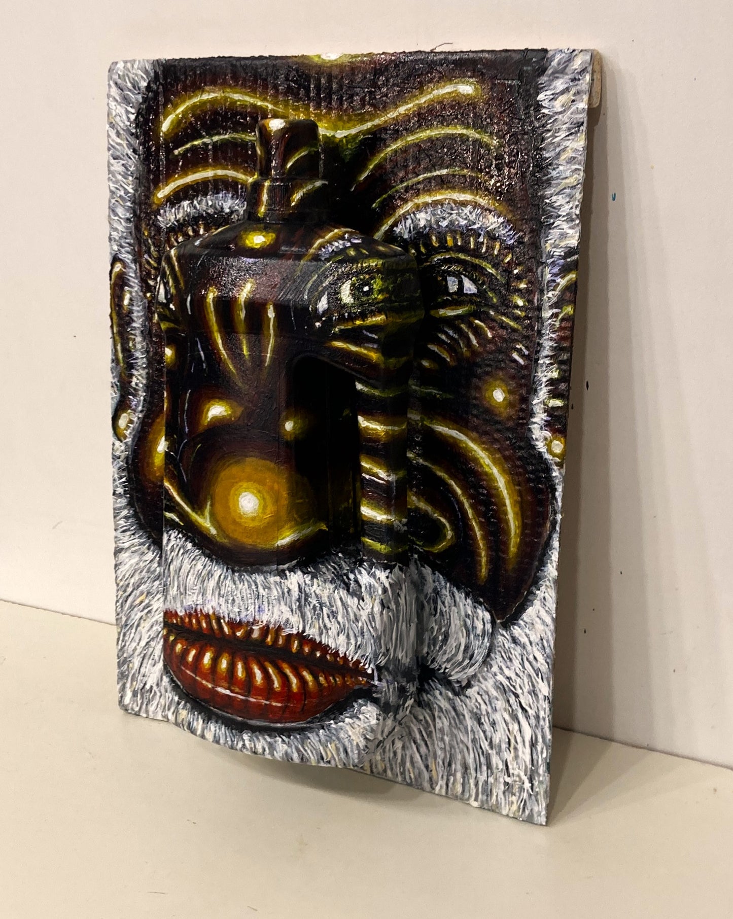 3D Portrait of an Old Australian Aboriginal Man. Acrylic Painting on Cardboard and Recycled Washing Liquid Plastic Bottle. Mediuma Right Lateral View