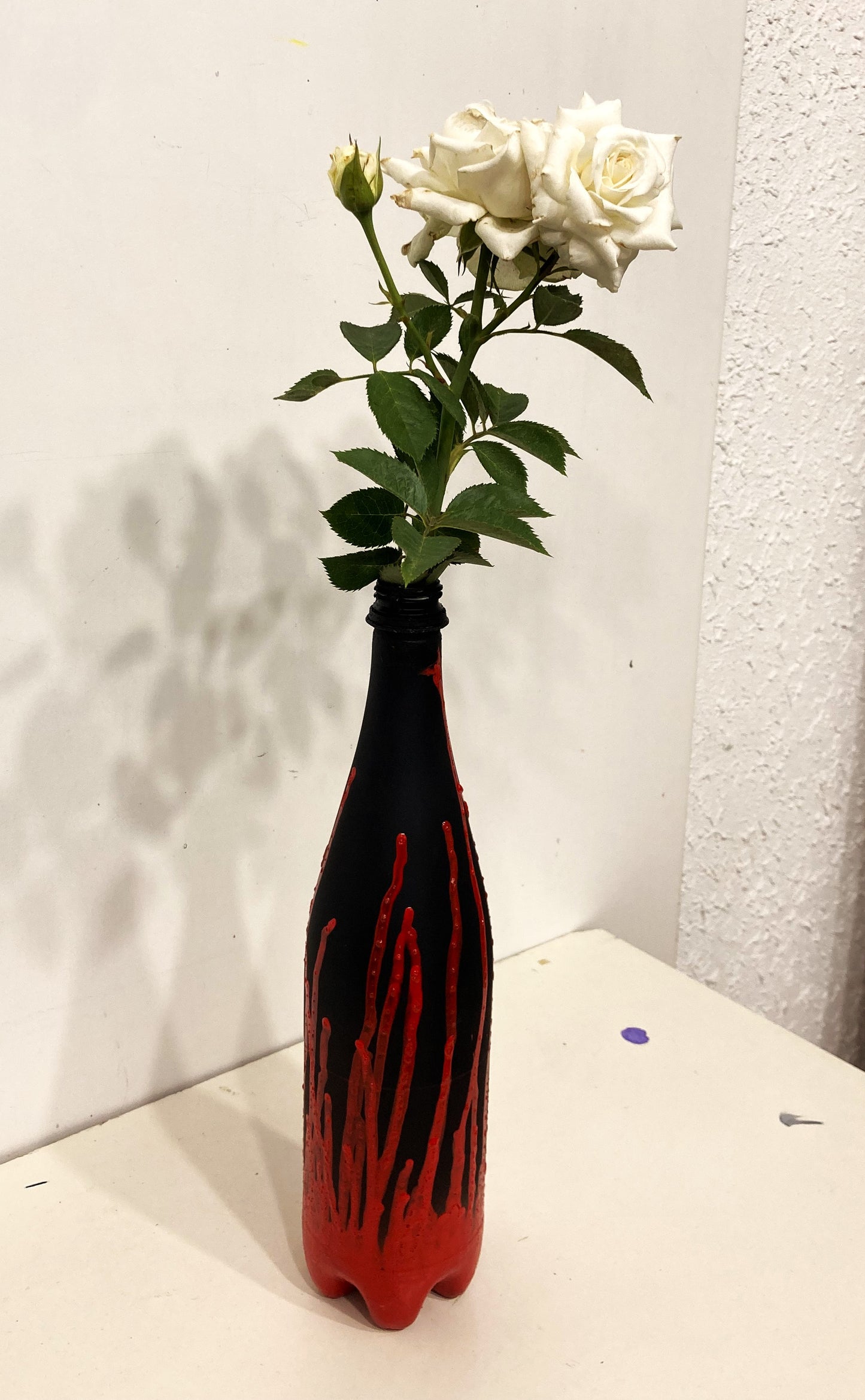 Recycled plastic bottle vase , Acrylic Painted  Black and Red Vase for dried flowers. Left lateral view