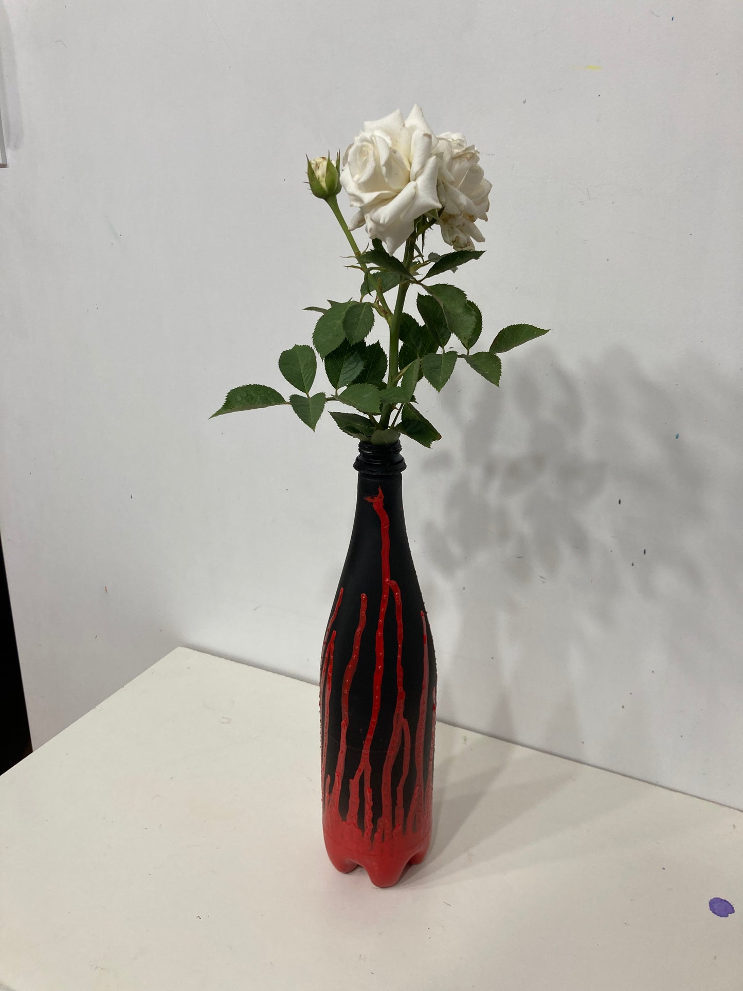 Recycled plastic bottle vase , Acrylic Painted  Black and Red Vase for dried flowers.. Right lateral view