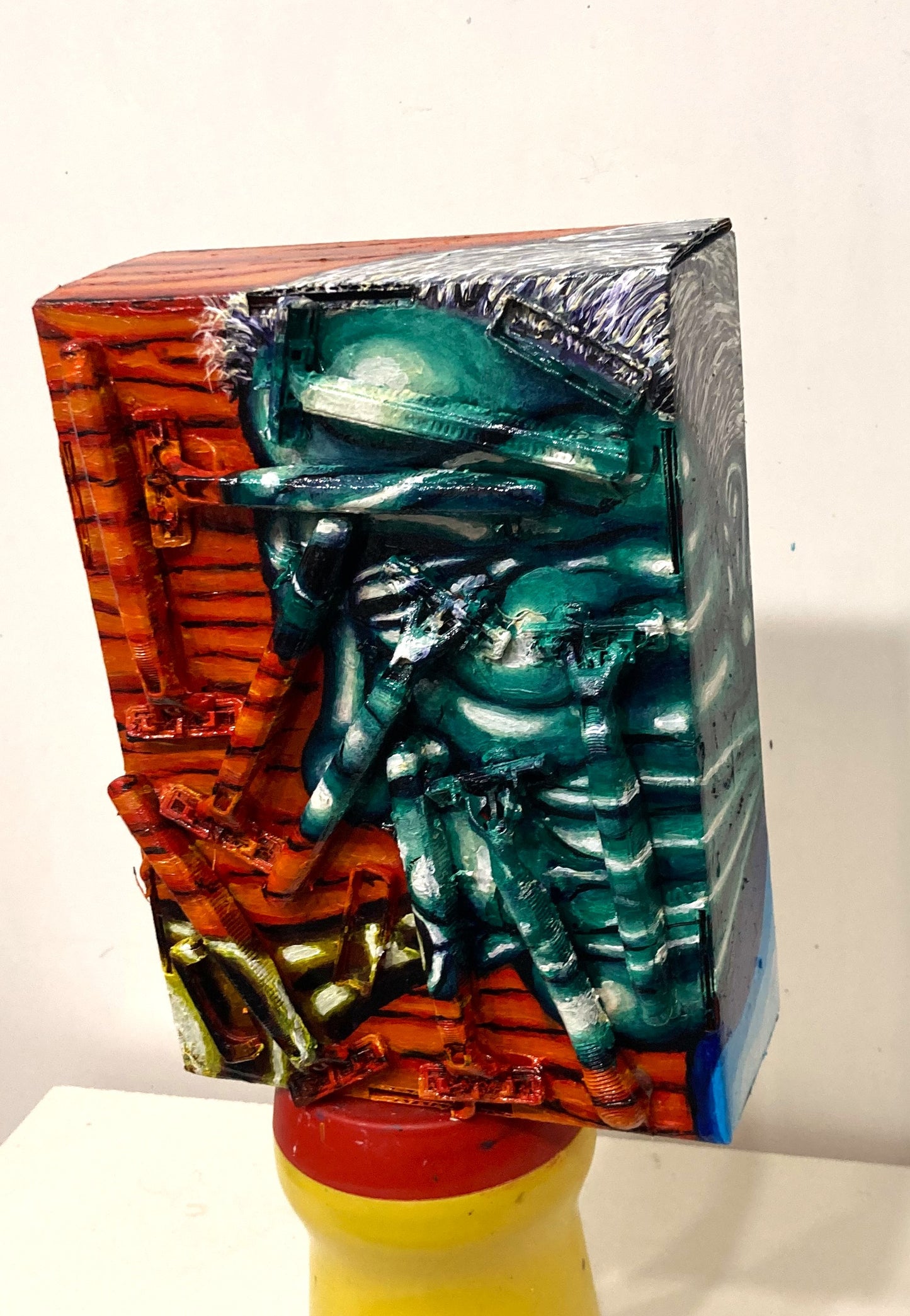 "Barfly" 3D portrait of Charles Bukovski. Acrylic on cardboard and Recycled plastic razors. [Recycled Art]. Vertical front view