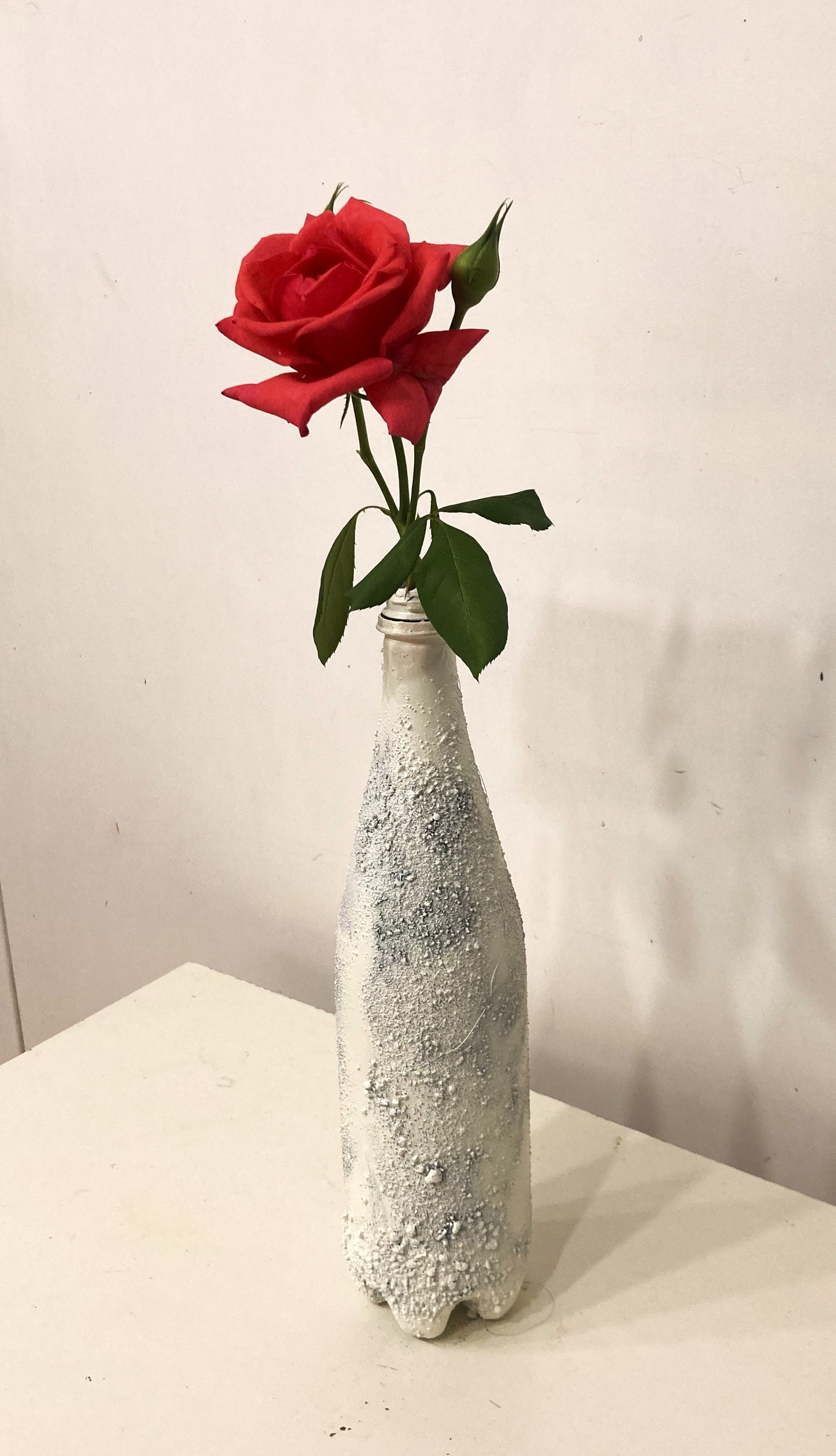  Recycled plastic bottle vase , Acrylic Painted , Sand sprinkled White Vase for dried flowers. [Recycled Art]. Right Lateral View