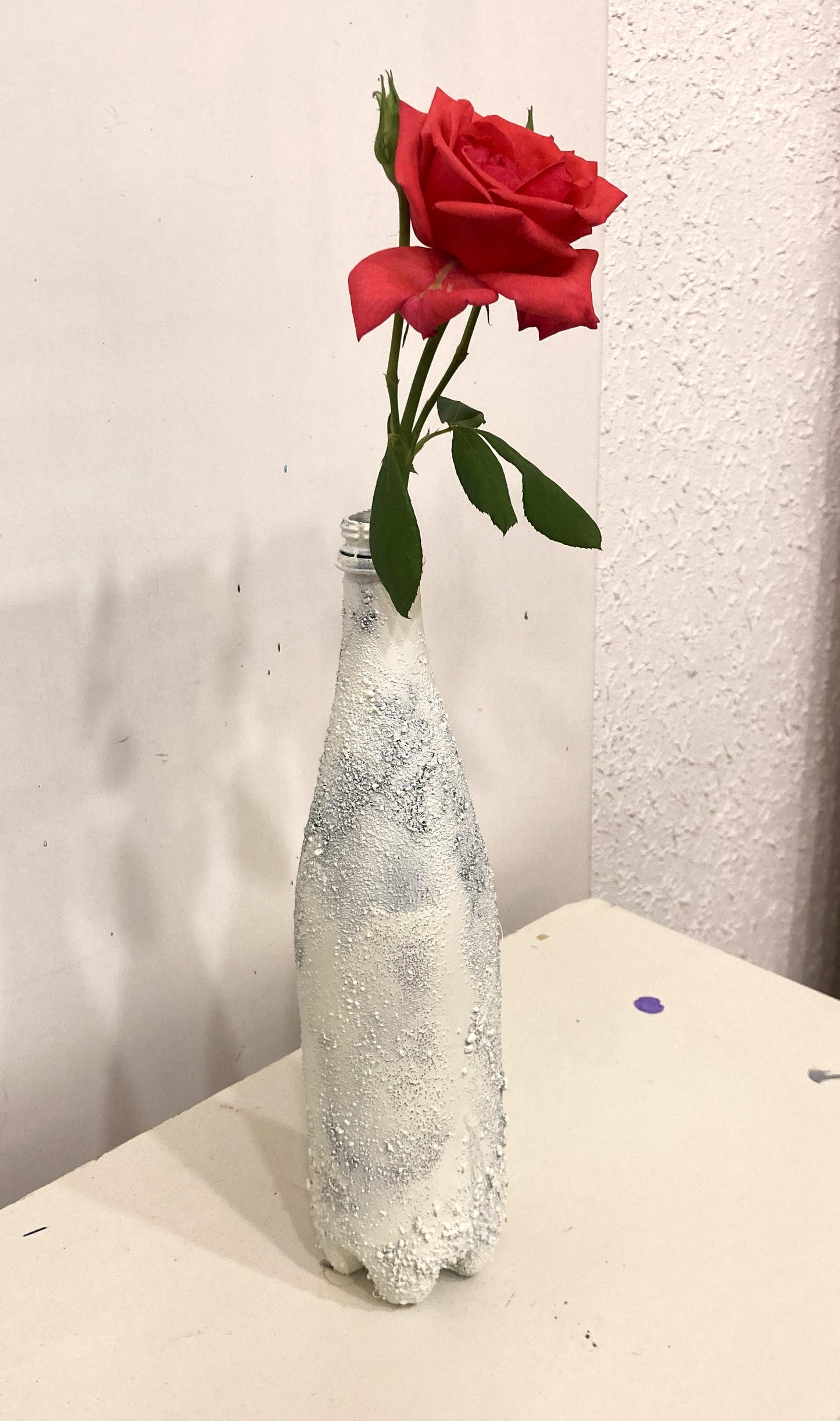  Recycled plastic bottle vase , Acrylic Painted , Sand sprinkled White Vase for dried flowers. [Recycled Art]. Left Lateral view