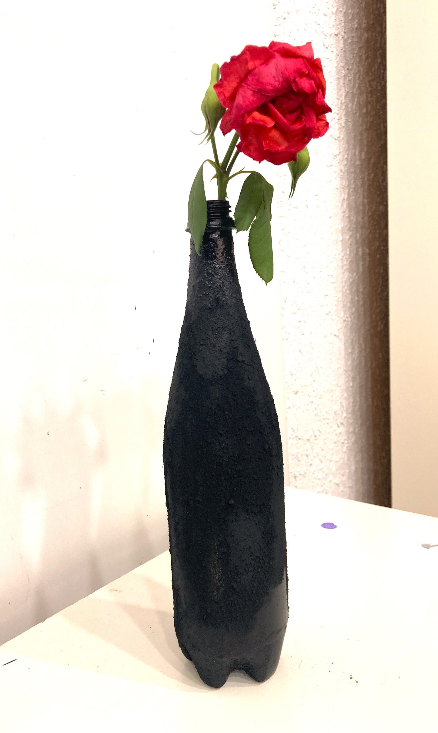 Recycled plastic bottle vase , Acrylic Painted , Sand sprinkled Black Vase for dried flowers. [Recycled Art]. Rightleft side