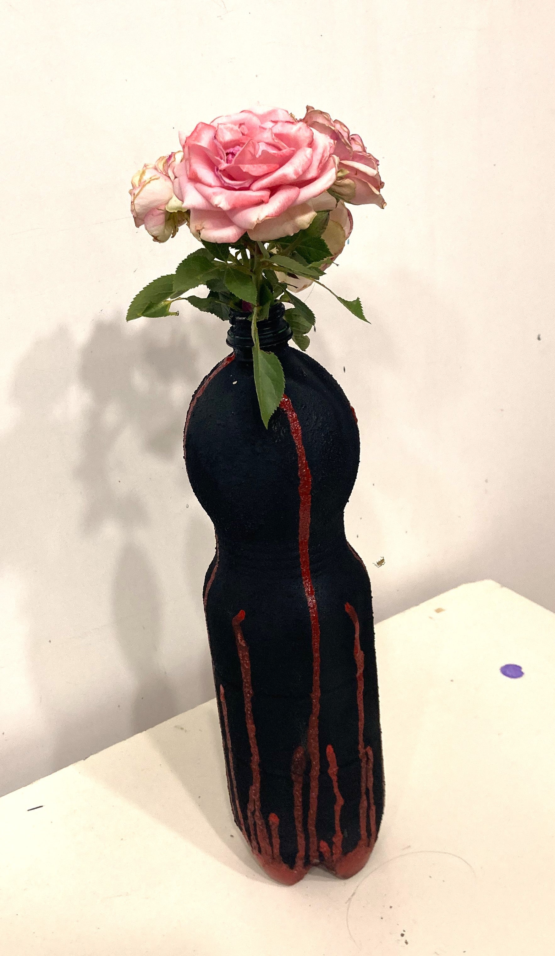 Vase for Dried Flowers Created out of a Recycled Plastic Bottle (Wasp waist line) [Recycled Art].Left Lateral view