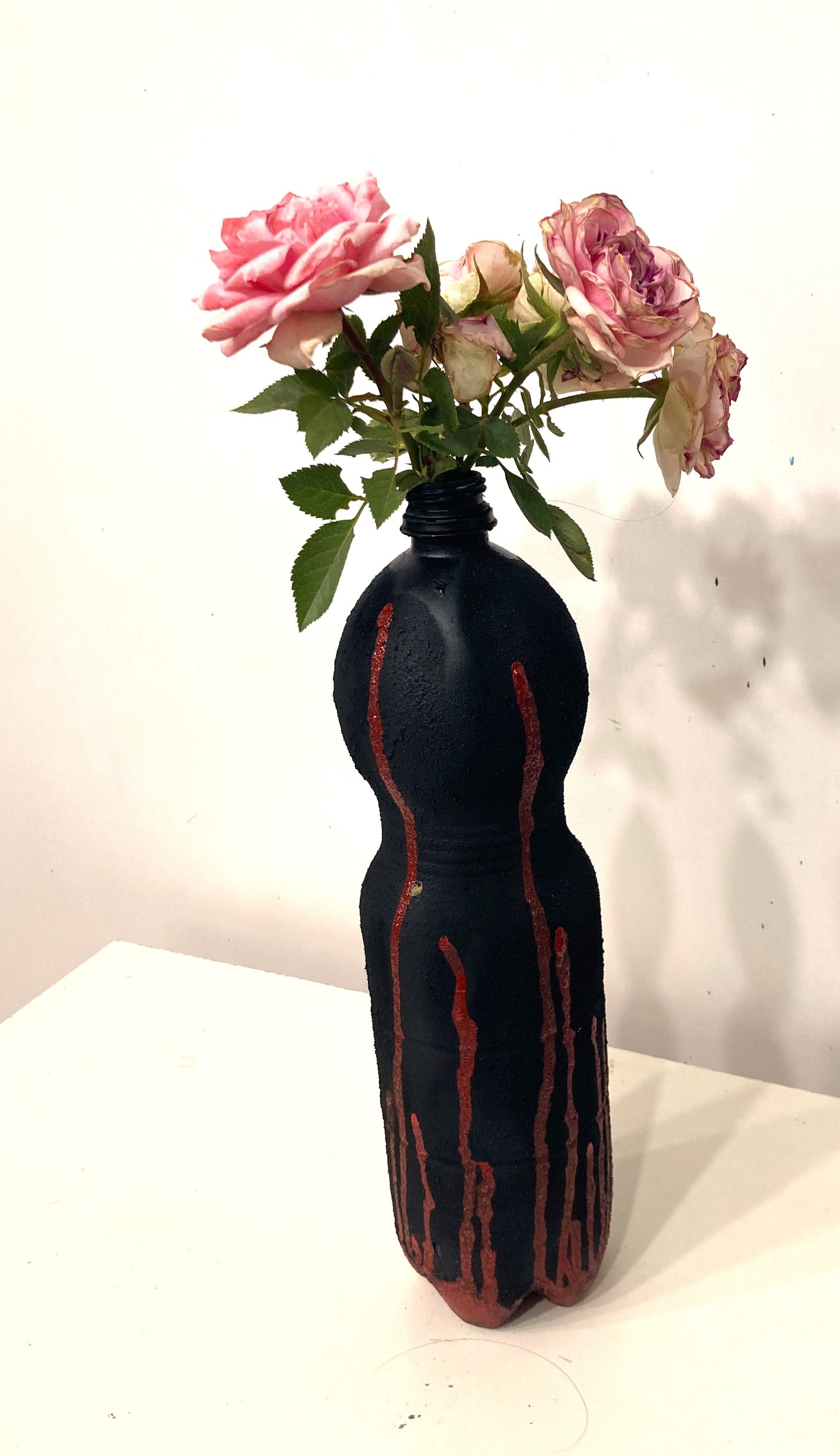 Vase for Dried Flowers Created out of a Recycled Plastic Bottle (Wasp waist line) [Recycled Art]. Right Lateral view